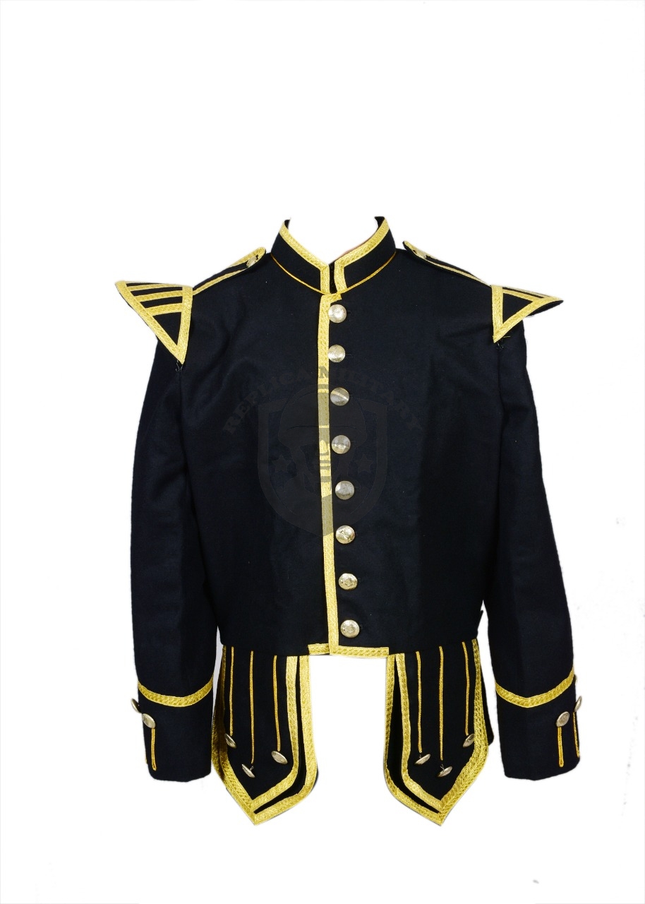 (REPRODUCTION) Black Pipe Band Doublet (with gold bullion trim and gold buttons): 1 (REPRODUCTION) Black Pipe Band Doublet (with gold bullion trim and gold buttons):