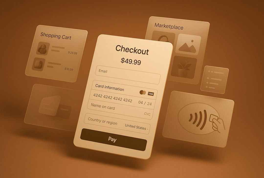 A screen shows an online checkout with payment details and a shopping cart.